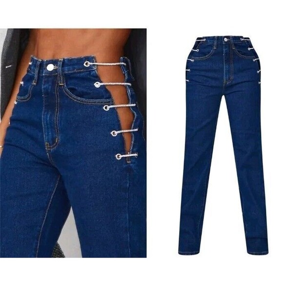 Prettylittlething PINK Diamanté Lace Up Side Detail Jeans 6 Bright High Waisted - Picture 1 of 14